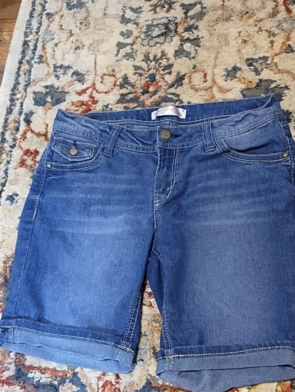 No Boundaries Women's Dark Blue Denim Bermuda Shorts Size 11 Distressed.